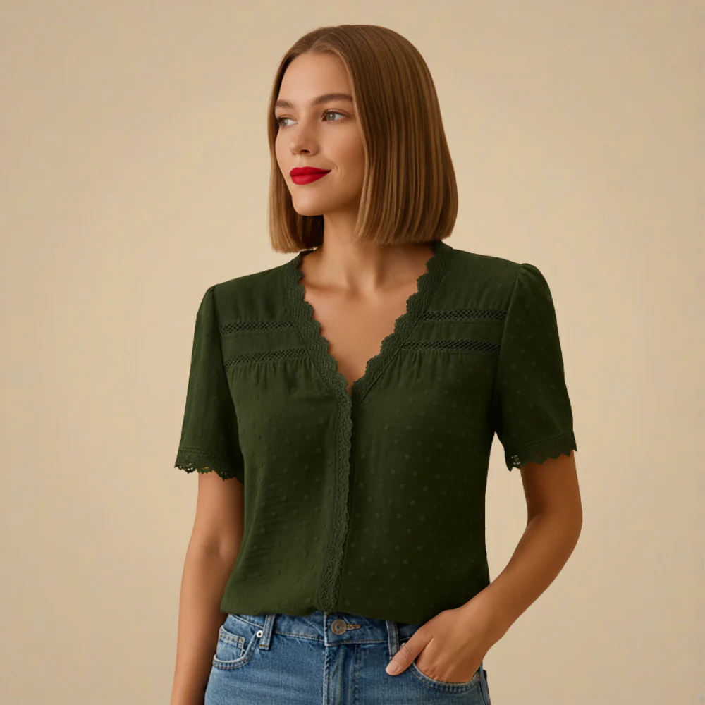 Damblus i spets med korta ärmar andningsbar sommarblus för vardagsbruk