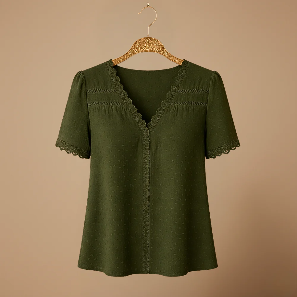 Damblus i spets med korta ärmar andningsbar sommarblus för vardagsbruk