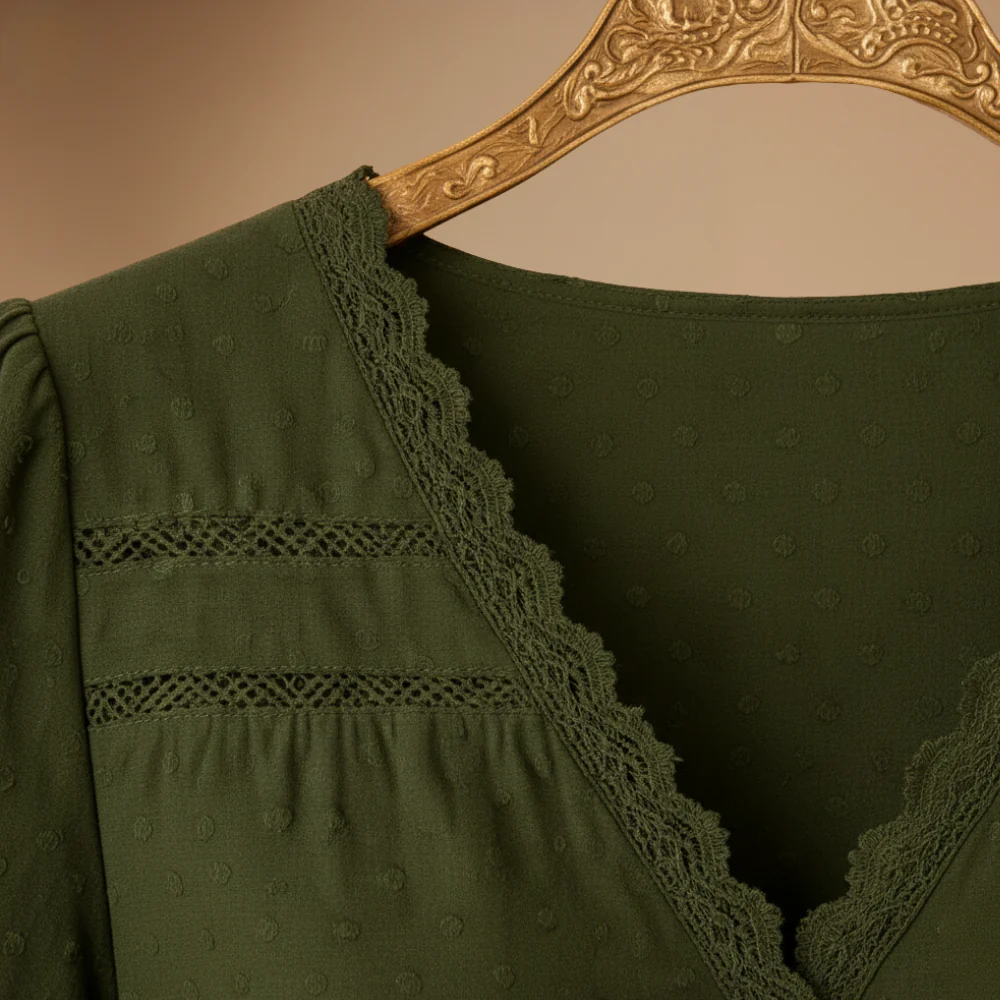 Damblus i spets med korta ärmar andningsbar sommarblus för vardagsbruk