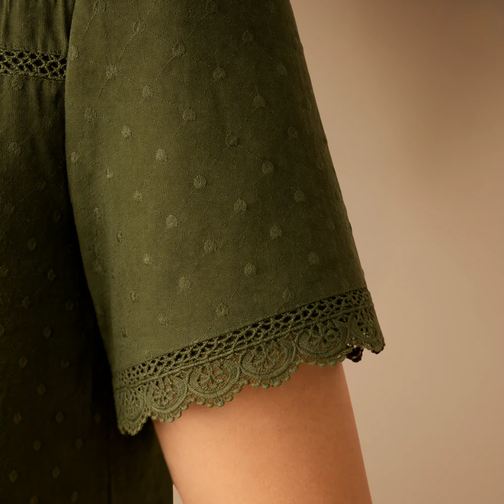 Damblus i spets med korta ärmar andningsbar sommarblus för vardagsbruk