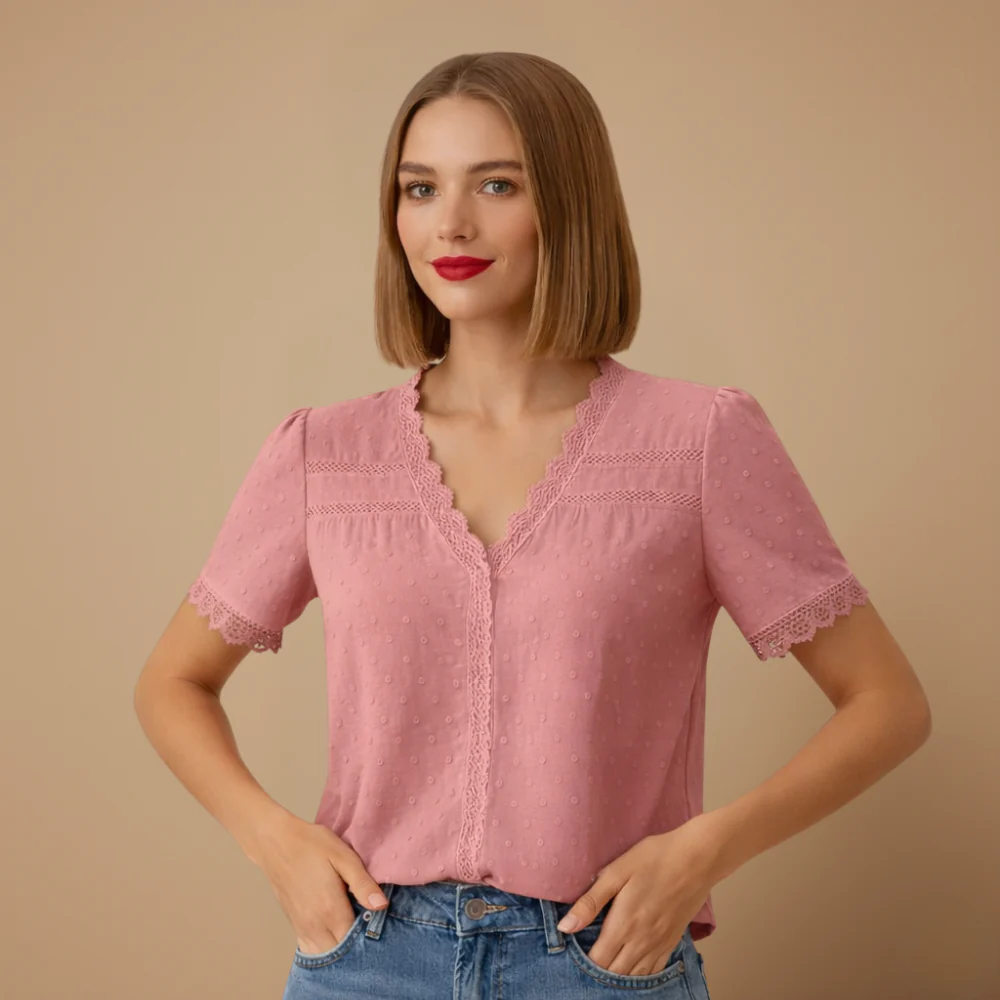 Damblus i spets med korta ärmar andningsbar sommarblus för vardagsbruk