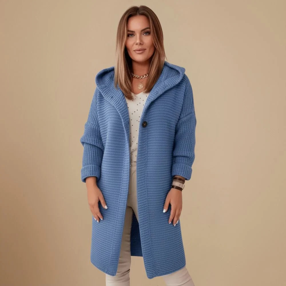 Dam långärmad kofta med huva och knappar