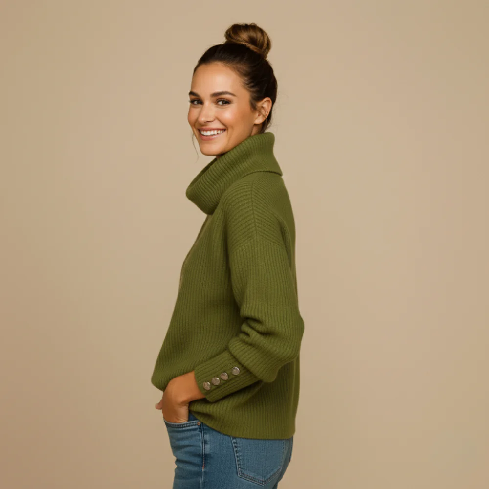 Damtröja med volangkrage och knappar på ärmarna