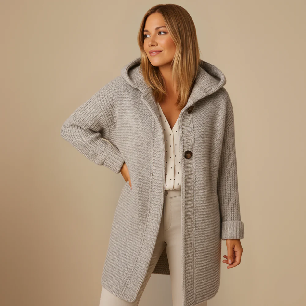 Dam långärmad kofta med huva och knappar