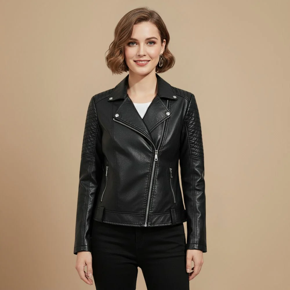 Damjacka med dragkedja i biker-stil