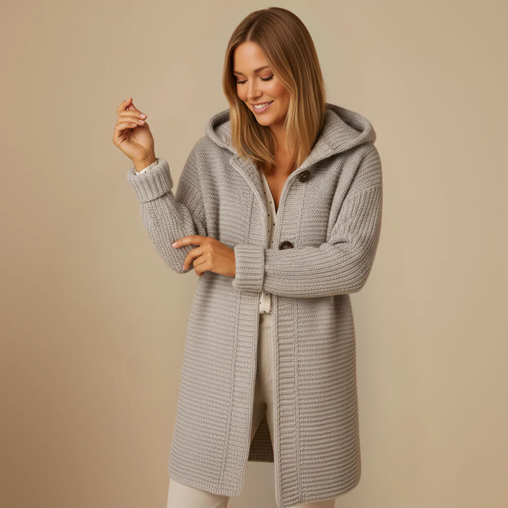 Dam långärmad kofta med huva och knappar