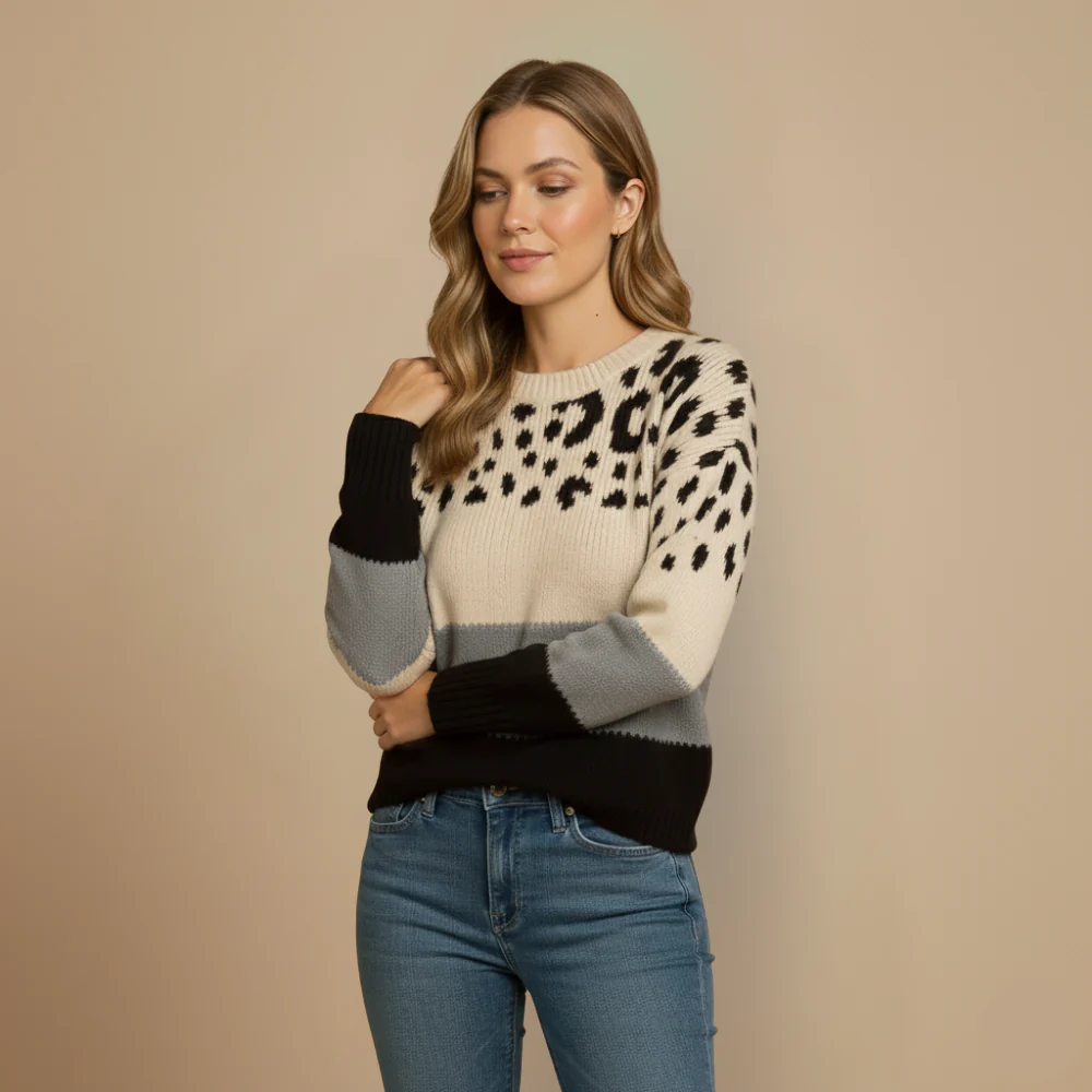 Damtröja i färgblockstickad stickad tröja