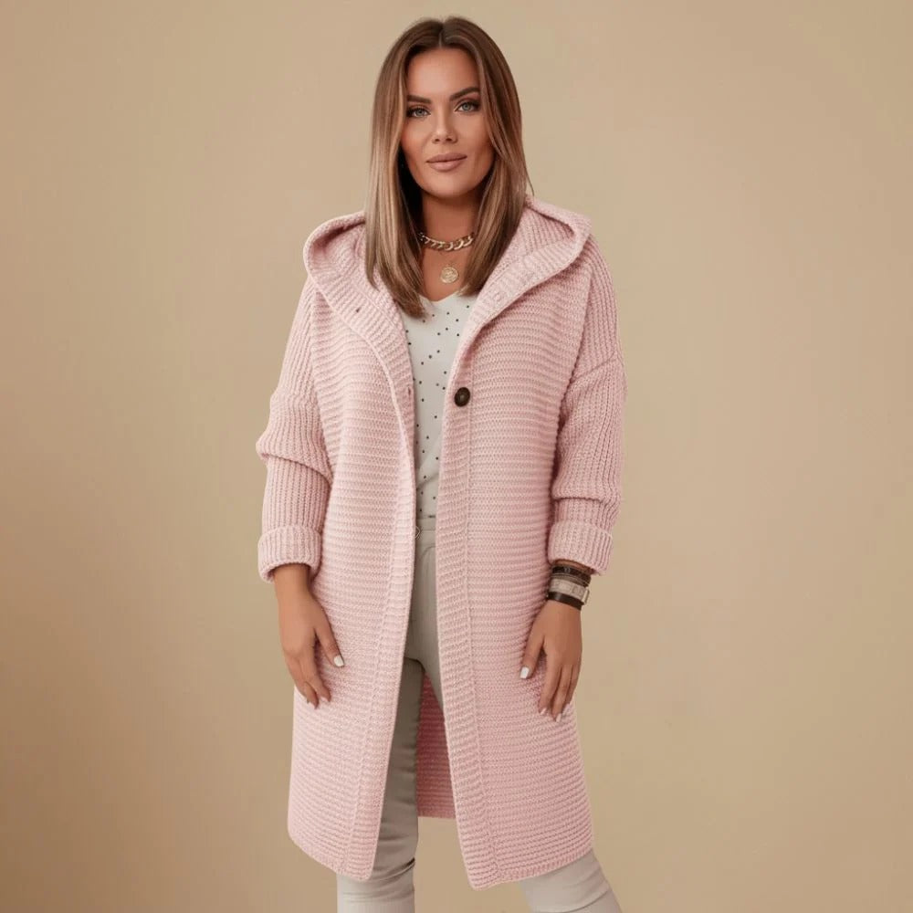 Dam långärmad kofta med huva och knappar