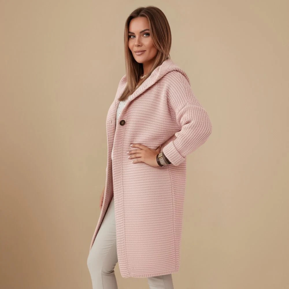 Dam långärmad kofta med huva och knappar